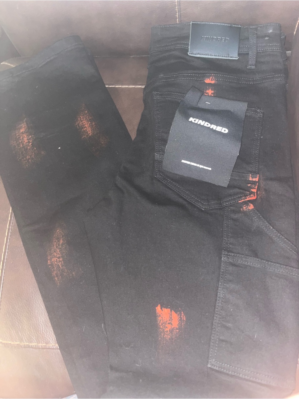 Kindred Men's Black Straight Jeans with Red Distressed Detail